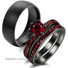 wedding ring set Two Rings His Hers Couples Matching Rings Women's 2pc Black Gold Filled Red CZ Wedding Engagement Ring Bridal Sets Men's Titanium Wedding Band