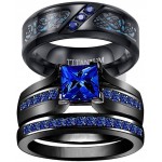 wedding ring set Two Rings His Hers Couples Rings Women's Black Gold Plated Blue Sapphire CZ Wedding Engagement Ring Bridal Sets & Men's Titanium Wedding Band