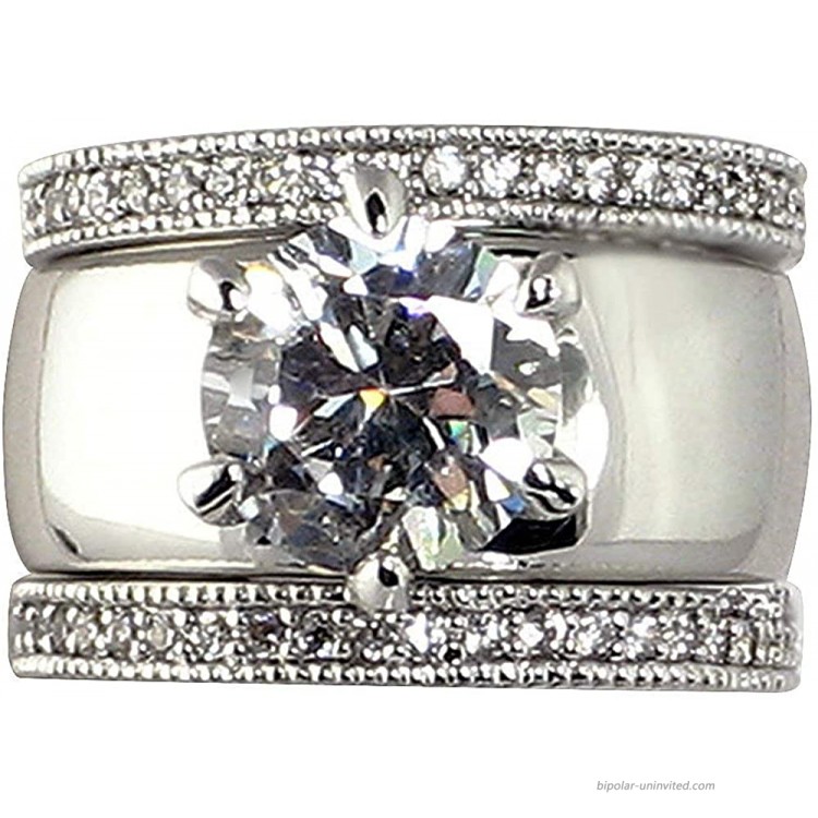 Wide Solitaire Round-Shape 4.28 Ct. Cubic Zirconia Cz Bridal Wedding 3 Pc. Ring Set with Eternity Bands Center Stone is 2.75 Cts.