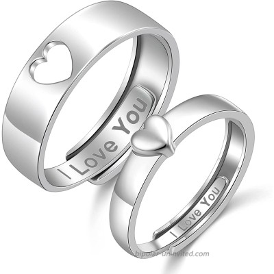 Yearace 925 Sterling Silver Couple Rings Set Matching Heart Rings Promise Rings for Couples I Love You Engagement Wedding Ring Band Adjustable