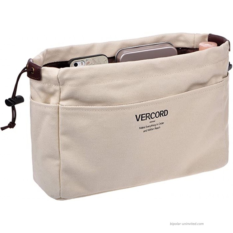 Vercord Canvas Handbag Organizers Sturdy Purse Insert Organizer Bag in Bag 10 Pockets Beige Small