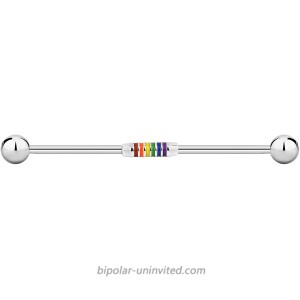 14G 1 1 2 Inch 38mm Surgical Steel & Gold Plated Rainbow Stripe Industrial Piercing Barbell