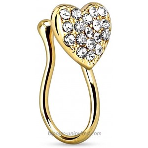 17GA Heart with Gems Clip On Fake Non No Piercing Nose Ring Gold Tone