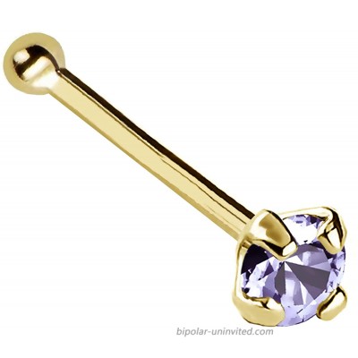 20G Solid 14Kt Gold Nose Bone Stud with Prong Set real Tanzanite Gemstone 14kt Yellow Gold or 14kt White Gold - December Birthstone Nose Ring-YG_TZN-2MM