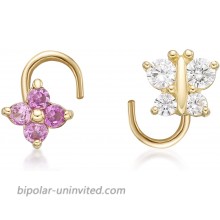 22 Gauge 14K Yellow Gold Curved Screw White Butterfly Pink Flower Nose Ring Set