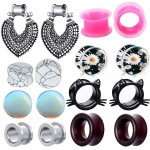 8 Pairs Stainless Steel Dangle Plugs Woman Ear Gauges Tunnels Earrings Silicone Opal Stone Turquoise Wood Gauges Screw Stretcher Black Cat 8mm=0g