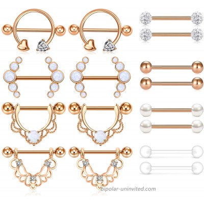 AceFun 14G Nipple Rings Opal CZ Nipplerings Piercing Stainless Steel Nipple Straight Piercing Barbell for Women Girls 8pairs Rose Gold Color