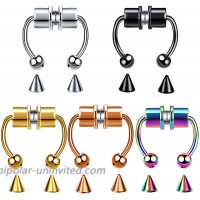 Bodystars Magnetic Septum Nose Rings - 5Pcs Stainless Steel Magnetic Fake Horseshoe Septum Nose Rings Hoop with Replace Spikes - Faux Piercing Magnet Nose Septum Jewelry