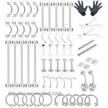 CASSIECA 52Pcs Professional Piercing Kit Stainless Steel 14G 16G Cartilage Daith Earrings Eyebrow Lip Belly Ring Tongue Tragus Nipple Nose Ring Body Jewelry Tool