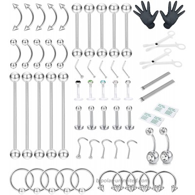 CASSIECA 52Pcs Professional Piercing Kit Stainless Steel 14G 16G Cartilage Daith Earrings Eyebrow Lip Belly Ring Tongue Tragus Nipple Nose Ring Body Jewelry Tool
