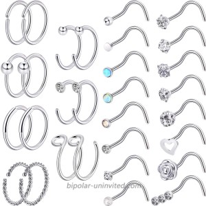 Chinco 32 Pieces C-shaped Nose Ring L-shaped Hoop Tragus Nose Studs Bone Curved Hoop Tragus Cartilage Hoop Piercing Style Set 3 Steel Color