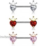 CZ Crystal Heart with Crown Nipple Barbells Sold as Pair Rose Gold Tone Pink