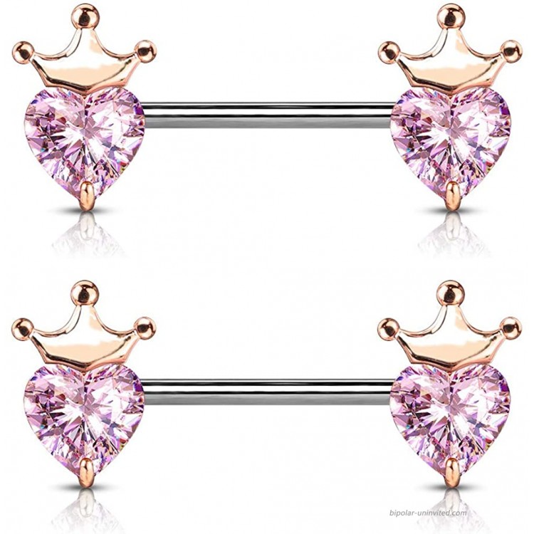 CZ Crystal Heart with Crown Nipple Barbells Sold as Pair Rose Gold Tone Pink