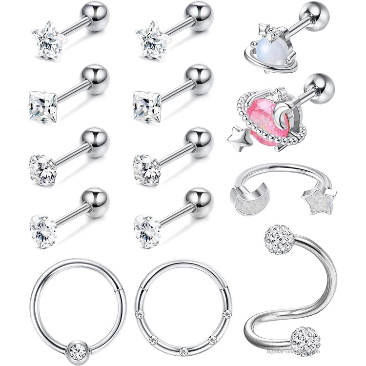 Drperfect 16G Cartilage Earrings Stud Hoop for Women 316L Stainless Steel CZ Stud Earrings Helix Tragus Conch Ear Piercing Jewelry