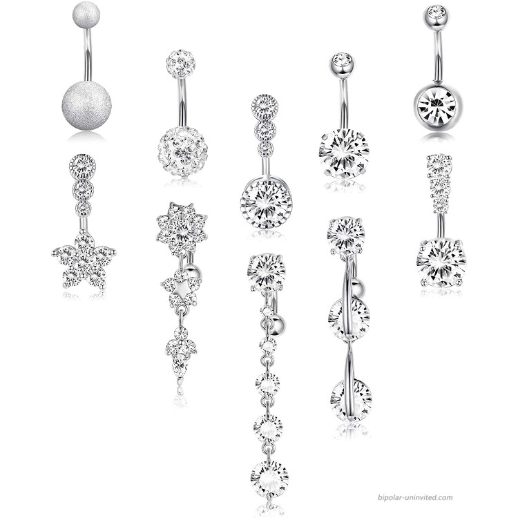 FIBO STEEL 10 Pcs Dangle Belly Button Rings for Women 316L Surgical Steel Clear CZ Barbell Belly Rings Piercing Dangle Reverse Curved Navel Barbell Body Jewelry 14G