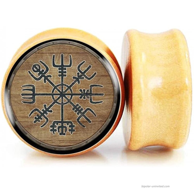 FLYUN 2Pcs Natural Wood Viking Compass Vegvisir Aegishjalmur Ear Plugs Tunnels 6-25mm Gauges Double Flared Saddle Plugs Stretcher Expander Piercings Norse Amulet Jewelry 00G 10mm