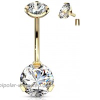 Forbidden Body Jewelry Belly Button Rings Tri-Prong Round CZ Solitare Belly Ring Internally Threaded 14g Rose Gold Clear