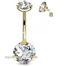 Forbidden Body Jewelry Belly Button Rings Tri-Prong Round CZ Solitare Belly Ring Internally Threaded 14g Rose Gold Clear