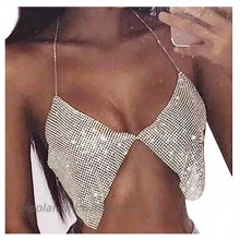 Fstrend Rhinestones Bar Top Body Chains Gold Crystal Sequins Nightclub Bikini Rave Dance Belly Dancing Crop Top Fashion Festival Party Clubwear Accessories for Women and Girls Silver
