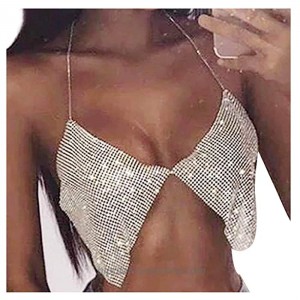 Fstrend Rhinestones Bar Top Body Chains Gold Crystal Sequins Nightclub Bikini Rave Dance Belly Dancing Crop Top Fashion Festival Party Clubwear Accessories for Women and Girls Silver