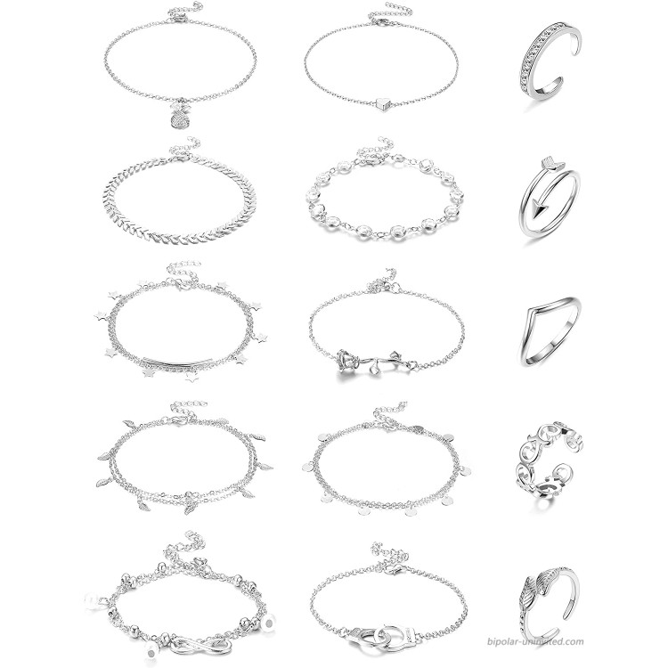 Hanpabum 15 Pcs Anklets and Toe Ring Set for Women Teen Girls Layered Ankle Bracelets Open Toe Rings Foot Jewelry Silver Gold Rosegold
