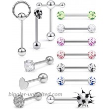 Hoeudjo 13Pcs 14G Surgical Steel Tongue Rings Teaser Double Barbell with Slave Ring Body Piercing Jewelry for Women Men 16mm Silver-Tone Heart Diamond Flower
