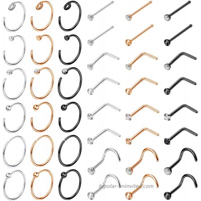 IRONBOX 18G Nose Rings 316L Stainless Steel L-Shaped Nose Studs Horseshoe C-Shaped Hoop Nose Rings Black Sliver Screw Nose Piercing Sets 42Pcs