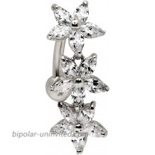 JewelryWeb Solid 14k Yellow or White Gold Marquise Flower Cubic Zirconia Top Mount Belly Button Ring Dangle 7mm x 24mm white-gold