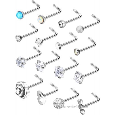 Jovitec Stainless Steel Nose Stud Set Steel Nose Ring Rose Ball Labret Body Piercing Jewelry for Party Wear or Clothes Matching 20 G 16 Pieces L Shape