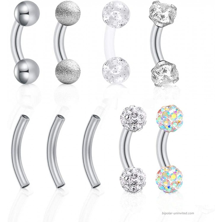 Mayhoop 16G 5-7pcs Stainless Steel Rook Daith Earrings Belly Lip Ring Eyebrow Studs Cartilage Tragus Cubic Zirconia Barbell Body Piercing 6mm 8mm 10mm