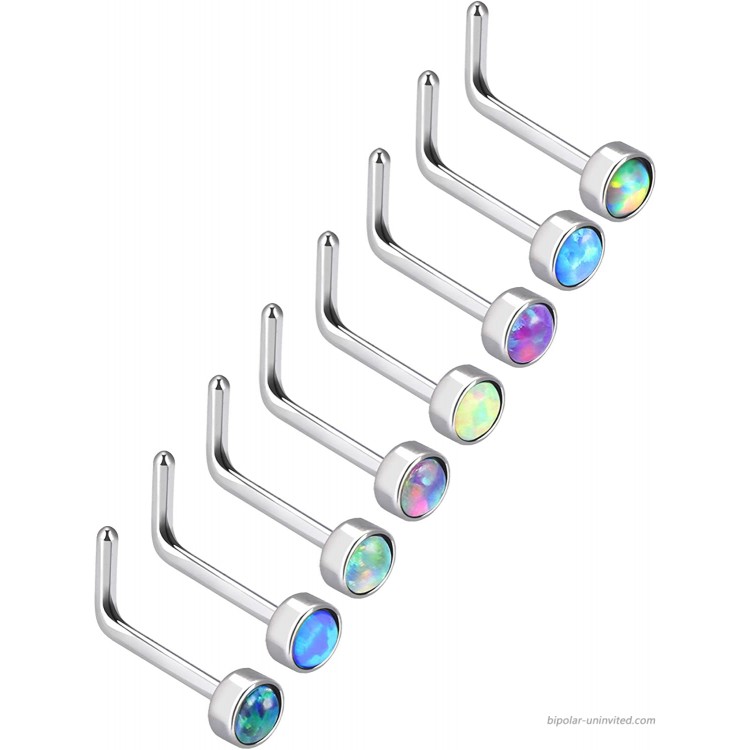 Mudder 8 Pieces 20G L Shaped Nose Rings L-bend Nose Studs Opal Stone Inlaid Stainless Steel Curved Piercing Jewelry 8 Colors
