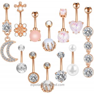 ONESING 12 Pcs 14G Belly Button Rings Gold Belly Rings for Women Belly Piercing Jewelry Belly Barbells Opal Pearl Moon Navel Rings Stainless Steel Body Piercing Jewelry