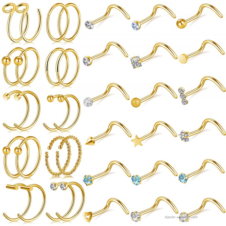ONESING 38 Pcs 20G Gold Nose Rings for Women Nose Rings Hoop Nose Piercing Jewelry Nose Studs Screw for Women Men Stainless Steel