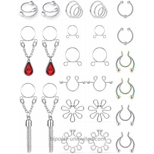 Oufksiyy Fake Nipple Ring Stainless Steel Non-Piercing Nipple Rings Clip On Nipplerings Faux Body Piercing Jewelry for Women Men 26PCS