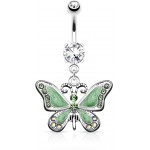 Pierced Owl 14GA Stainless Steel CZ Crystal Butterfly Dangling Belly Button Ring Green|