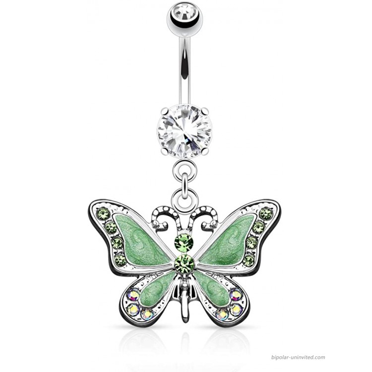 Pierced Owl 14GA Stainless Steel CZ Crystal Butterfly Dangling Belly Button Ring Green|