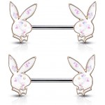 Pierced Owl Officially Licensed Synthetic Opal Glitter Playboy Bunny Nipple Barbells Sold as a Pair Rose Gold Tone White