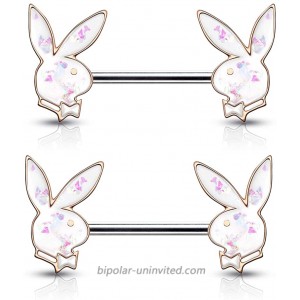 Pierced Owl Officially Licensed Synthetic Opal Glitter Playboy Bunny Nipple Barbells Sold as a Pair Rose Gold Tone White