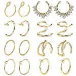 REVOLIA 16Pcs Stainless Steel Fake Nose Ring Hoop Clip On Cuff Earrings Cartilage Septum Ring Tragus Ear Faux Piercing Body Jewelry G