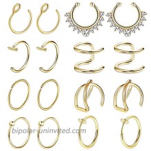REVOLIA 16Pcs Stainless Steel Fake Nose Ring Hoop Clip On Cuff Earrings Cartilage Septum Ring Tragus Ear Faux Piercing Body Jewelry G