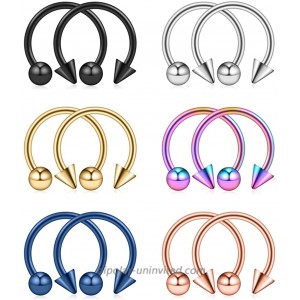 Ruifan 12PCS Assorted Colors Surgical Steel CBR Nose Septum Horseshoe Nipple Earring Eyebrow Tongue Lip Piercing Ring with 5mm Balls & Spikes 14G 14mm
