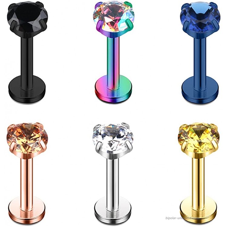 Ruifan 4mm Mix Color CZ Gem Internally Threaded Labret Monroe Lip Ring Tragus Nail Helix Earring Stud Barbell Piercing Jewelry 16G 8mm 6pcs