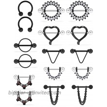 SCERRING 14G Nipple Rings Stainless Steel Nipplerings CZ Heart Tongue Shield Barbell Rings Retainer Body Piercing Jewelry for Women 9 16Inch 8 Pairs Black