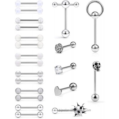 SCERRING 14G Tongue Rings Stainless Steel Rose Skull Heart Tongue Nipple Ring Body Piercing Jewelry Retainer 21PCS Silver