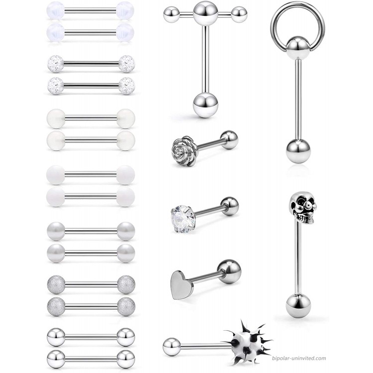 SCERRING 14G Tongue Rings Stainless Steel Rose Skull Heart Tongue Nipple Ring Body Piercing Jewelry Retainer 21PCS Silver
