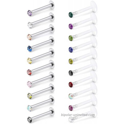 SCERRING 20PCS 16G 10mm Acrylic & Stainless Steel Labret Monroe Lip Ring Tragus Nail Helix Earring Stud Piercing Jewelry with 2mm 4-Prong-Setting Mix Color CZ