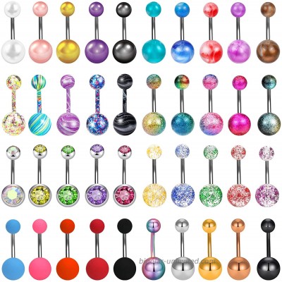 Stondino 40 PCS 14G Belly Rings for Women Belly Button Rings Navel Rings Belly Piercing CZ Acrylic Pearl Barbells Stainless Steel Body Piercings Jewelry