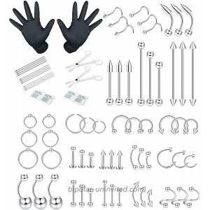 Thunaraz 80Pcs Stainless Steel Body Jewelry Professional Piercing Kit Surgical Steel Belly Ring Tongue Tragus Cartilage Tongue Chin Nipple Nose Ring Jewelry 14G 16G 18G 20G