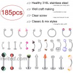 Ubjuliwa 185pcs Body Piercing Jewelry for Women Men Tongue Nipple Rings Eyebrow Lip Belly Button Barbell Nose Piercing Tragus Navel Barbells 14g-18g