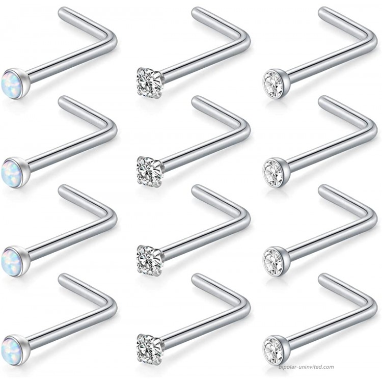 vcmart 12pcs 18G 316L Surgical Steel 1.5mm Jeweled Opal & Clear CZ Nose L-Shaped Rings Studs Ring Body Piercing Jewelry